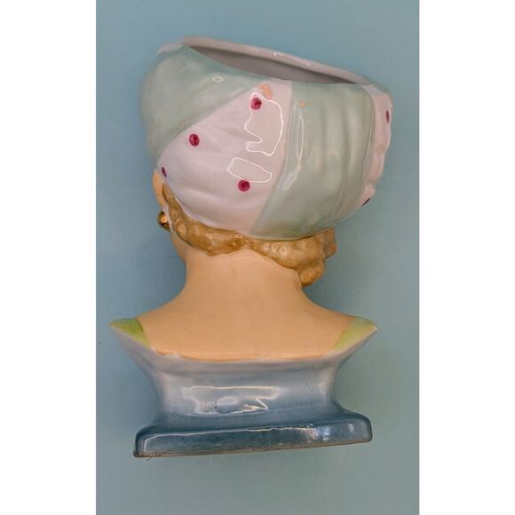 Lady Head vase Ucagco Ceramics Hand Painted Turban Rose Stamped Japan Blue Green - Picture 5 of 8